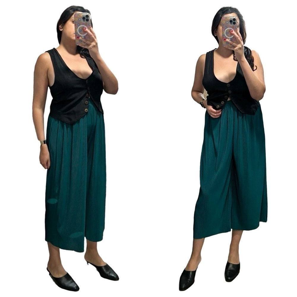 JOIE Pleated Wide Leg Satin Dark Green Pullover Cropped Pants Sz L